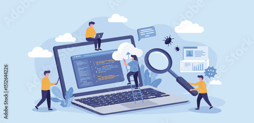 Software development, coding team, programming frontend backend framework, debugging algorithm, testing or deployment concept, young people software engineer working with online cloud