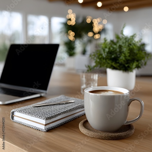 Cozy workspace with laptop, notebook, coffee