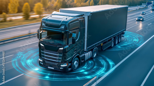 Autonomous Self Driving Truck Navigating Highway with Radar Overlay Technology