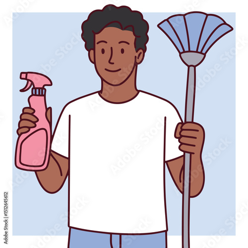 Smiling young man holding a mop and spray bottle, representing a janitor, cleaner, or sanitation worker in a style