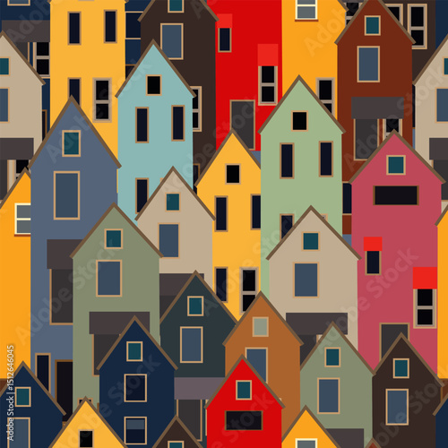 
Seamless pattern with colorful big houses reminiscent of a cute city district. Vector illustration. Eps 10. For decorating your designs in urban style