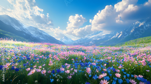 Wonderful fantasy landscape field full of spring with flowers field, beautiful sky, anime style color, digital art painting background. 3D rendering