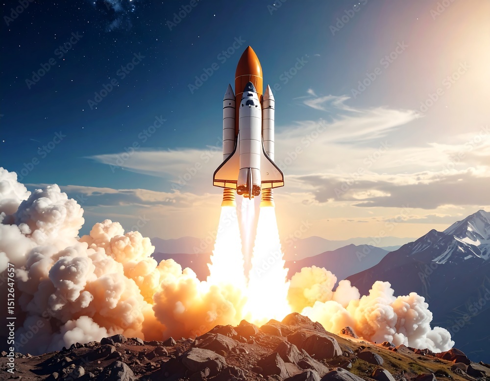 Fototapeta premium Rocket launch over mountains