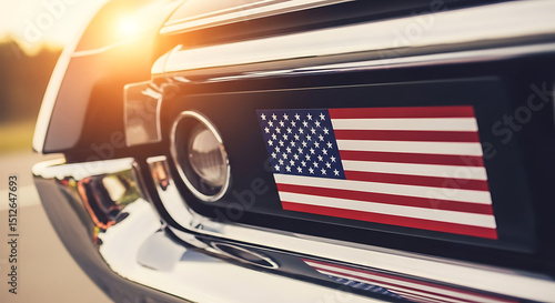 A vintage car displaying the American flag.
