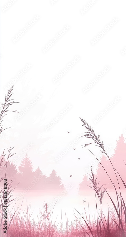 Pastel pink field, soft grasses, misty landscape Pastel pink field, soft grasses, misty landscape