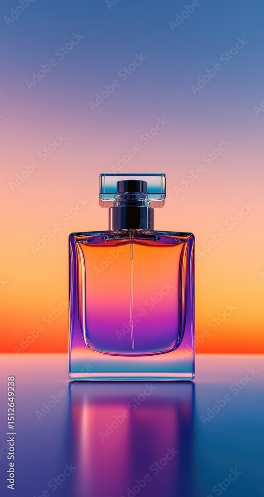 Colorful perfume bottle on a reflective surface, vibrant sunset hues Colorful perfume bottle on a reflective surface, vibrant sunset hues