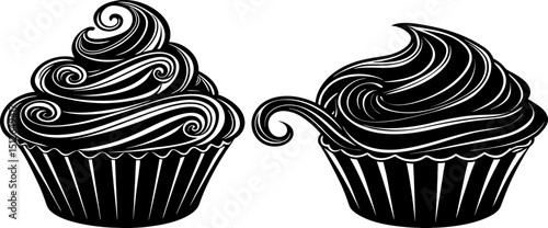 Silhouette of a cupcake with swirled frosting. Cupcake or muffin with frosting on top side view silhouette vector