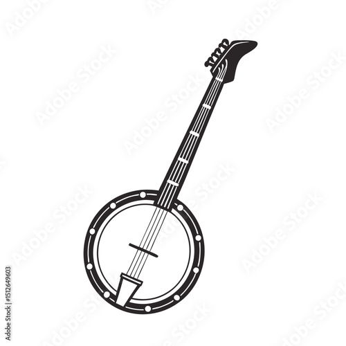 Banjo musical instrument in monochrome style isolated on white background vector illustration. Banjo, stringed acoustic wooden banjo. banjo icon silhouette vector art illustration.