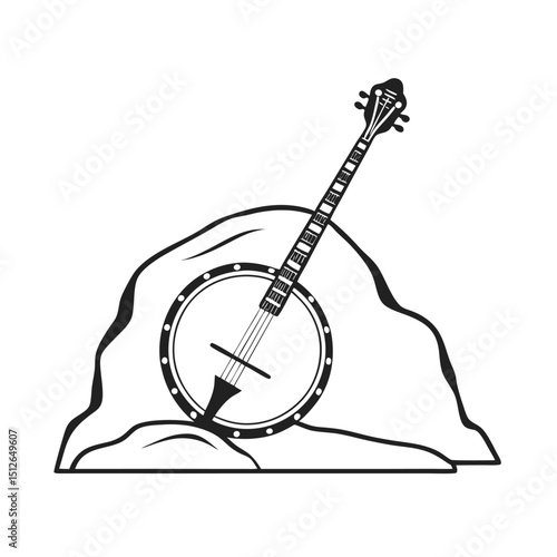 Banjo musical instrument in monochrome style isolated on white background vector illustration. Banjo, stringed acoustic wooden banjo. banjo icon silhouette vector art illustration.