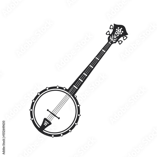 Banjo musical instrument in monochrome style isolated on white background vector illustration. Banjo, stringed acoustic wooden banjo. banjo icon silhouette vector art illustration.