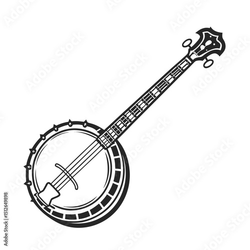 Banjo musical instrument in monochrome style isolated on white background vector illustration. Banjo, stringed acoustic wooden banjo. banjo icon silhouette vector art illustration.