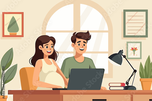 Happy pregnant couple working on laptop together at home office with plants and natural light