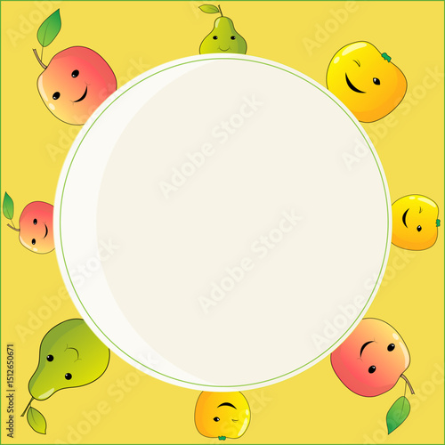 background, instagram post base, social media, fruits and plate in the middle on yellow background, apples, pears, peaches