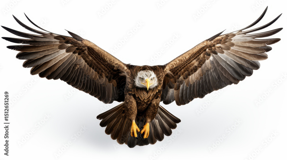Fototapeta premium Majestic Bald Eagle in Flight, Wings Fully Extended, Highly Detailed Feathers
