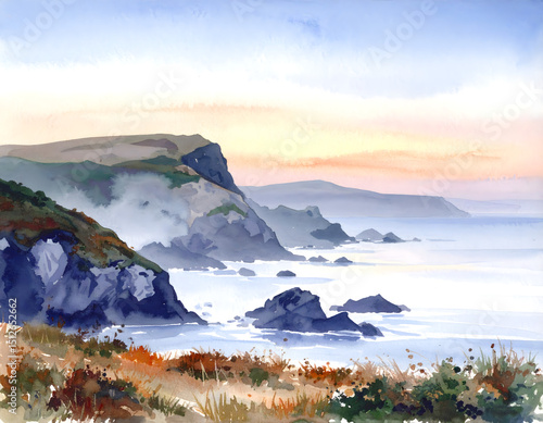 Coastal Cliffs at Sunset Watercolor Landscape Painting