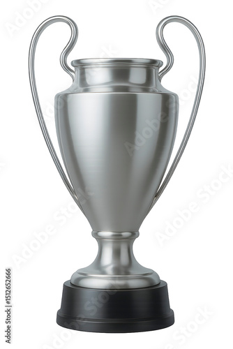 Render 3D de un trofeo de fútbol inspirado en el diseño de la Champions League en estilo Blender con acabado plateado y asas icónicas, imagen aislada sobre fondo transparente para visuales deportivos