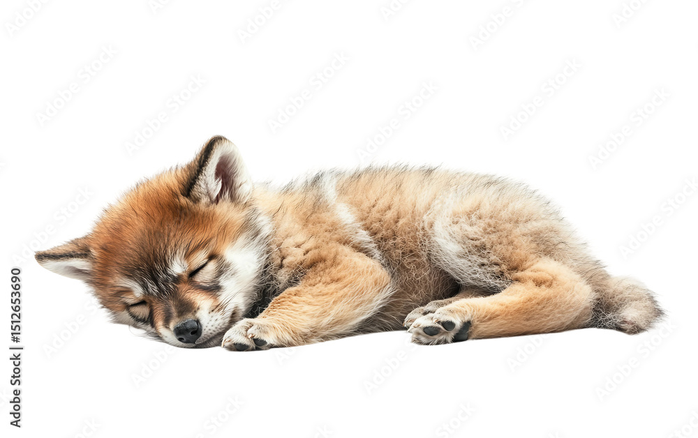 Obraz premium Sleepy baby wolf pup lying down with soft fur texture capturing tender and peaceful early life moment isolated on transparent background PNG