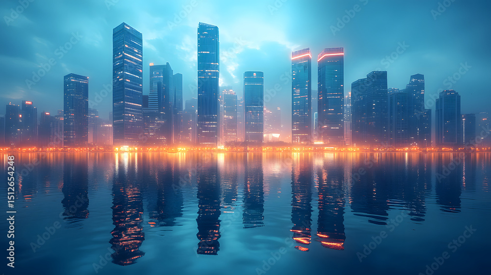 Fototapeta premium Futuristic cityscape with skyscraper reflections over calm water