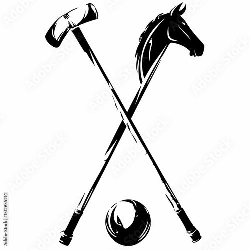 Polo equipment including mallet, horse head, and ball in black and white  
