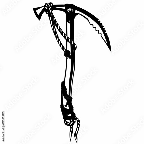 Ice climbing pickaxe with rope and safety harness for mountaineering  