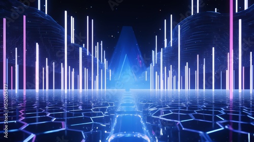Fototapeta Naklejka Na Ścianę i Meble -  Futuristic cityscape with neon lights and a blue triangle in the middle. The atmosphere is futuristic and mysterious