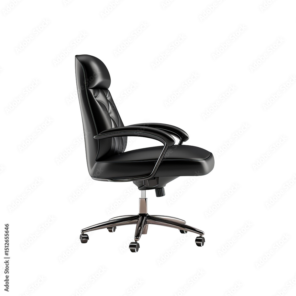 Fototapeta premium An executive black leather office chair, isolated to highlight its design, perfect for illustrating business comfort and modern office furnishings.