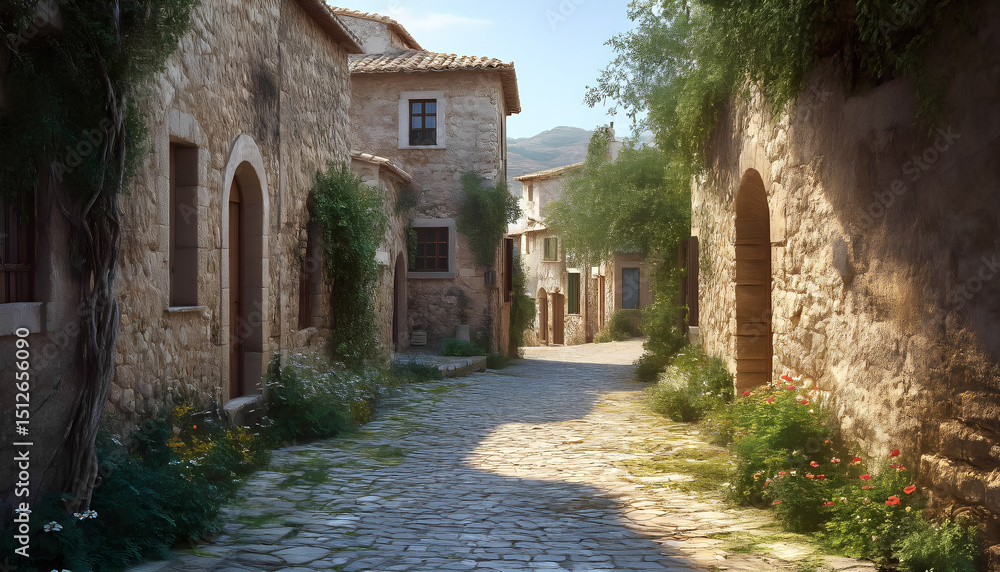 Obraz premium The winding cobbled street runs between old stone houses covered with greenery and flowers.