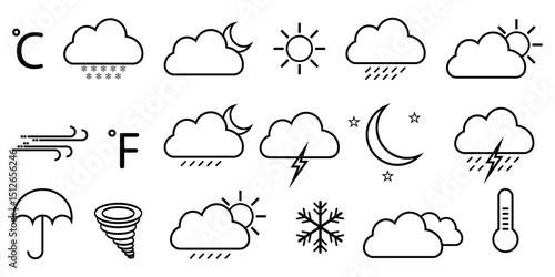 Weather icon set outlined stroke icons cloud rain thunder snow temperature forcast climate flat symbols sign vector