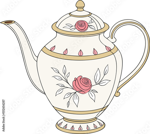 White Porcelain Teapot with Colorful Roses and Leaf Motif on Gray Background

