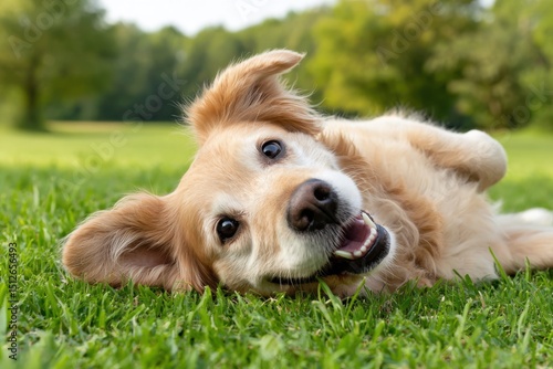 Fototapeta Naklejka Na Ścianę i Meble -  Happy dog smiles while rolling in green grass, head tilted, showing teeth and pink tongue.