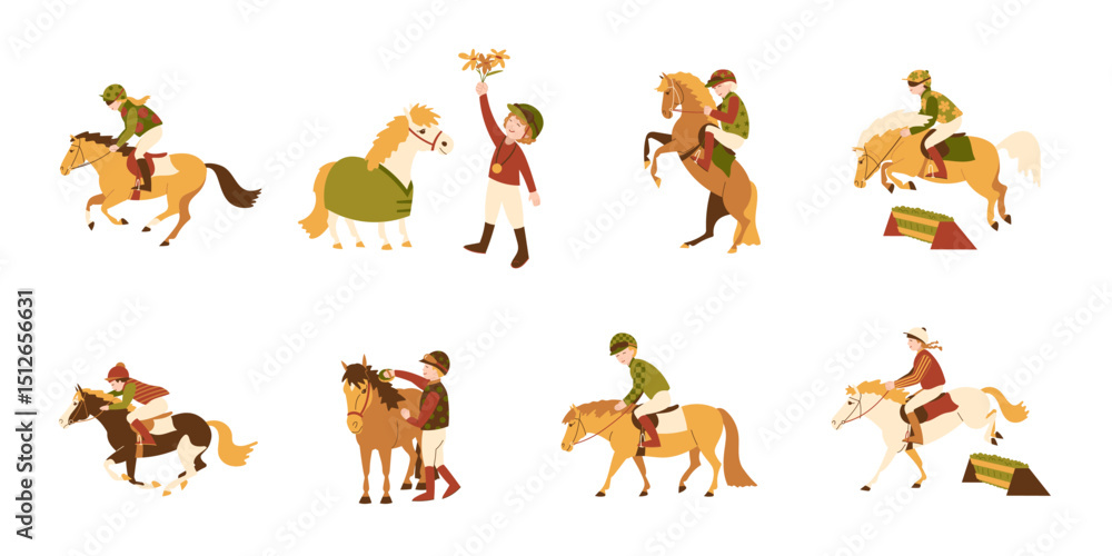 Fototapeta premium Kids and racing ponies, vector illustration set
