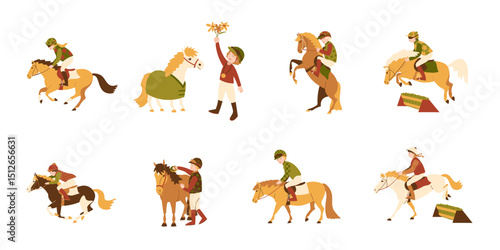 Kids and racing ponies, vector illustration set