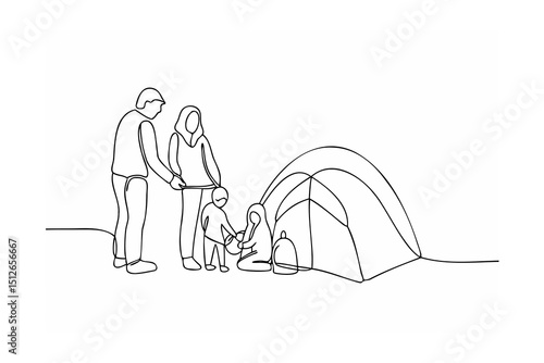 Happy family camping trip setting up tent together outdoors