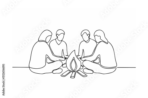 Friends sitting around a campfire enjoying warmth together
