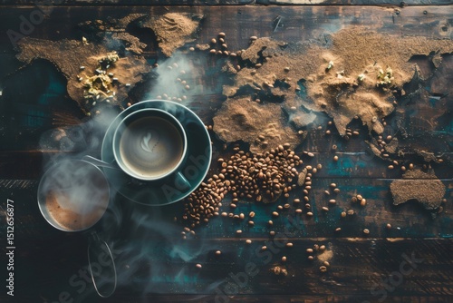 Wallpaper Mural Steaming coffee cup and pot with coffee beans and world map depicting global coffee culture Torontodigital.ca