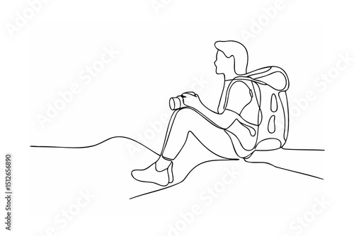 Traveler with backpack sitting hillside holding camera