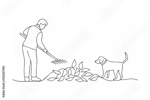 Man raking leaves in garden with dog watching