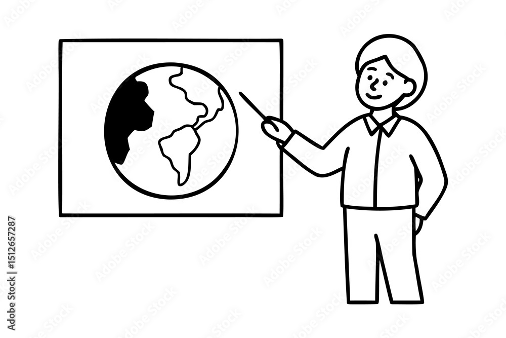 Person presenting a world map illustration teaching geography Person presenting a world map illustration teaching geography