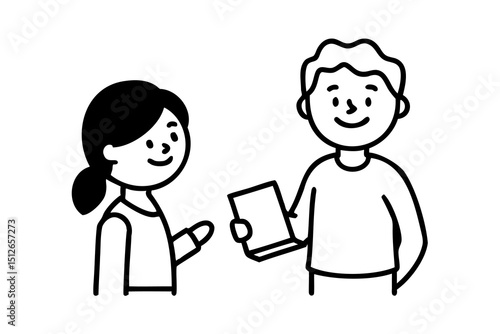 Boy and girl exchanging a book simple line art illustration