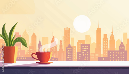 Coffee cup with steam and plant on windowsill overlooking city skyline  