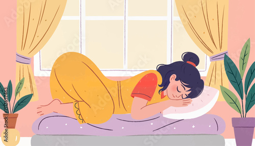 Young woman sleeping peacefully on a bed by the window indoors  