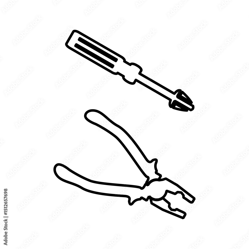 Simple black and white outline of pliers and screwdriver. Simple black and white outline of pliers and screwdriver.