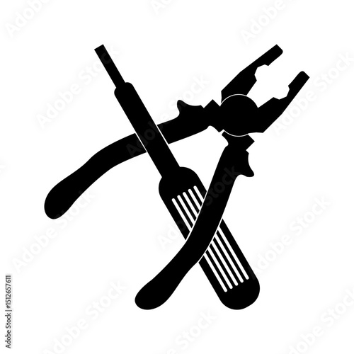 Silhouette of pliers and screwdriver crossed in an X shape.