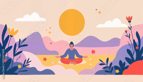 Man meditating in nature with colorful plants and sunlit background  