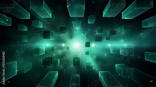Green background with many cubes in it. The cubes are all different sizes and are scattered throughout the image. Scene is one of chaos and disorganization