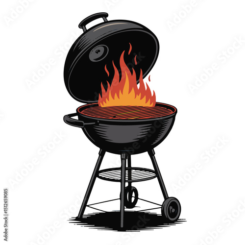Hot flames rise from the white barbecue grill, ready for cooking food outdoors with a smoky heat