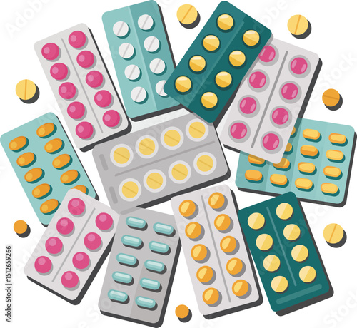 Assortment of Colorful Medication Pills and Blister Packs for Healthcare and Medical Illustration