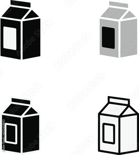 Four simple milk carton icons in black, gray and outlined on white.