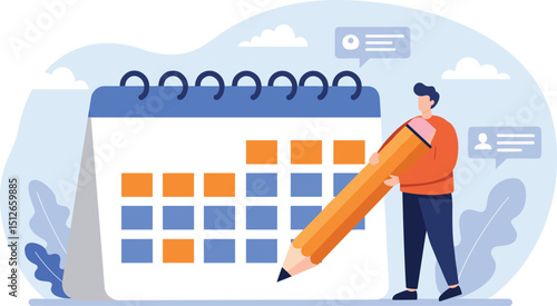 Calendar schedule, event or meeting reminder, date time planning, work deadline or appointment, due date organizer weekly review concept, businessman hold pencil thinking with calendar schedule
