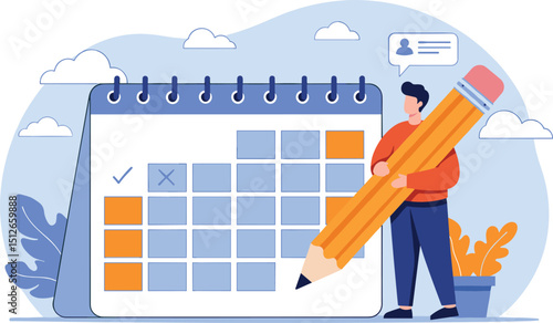 Calendar schedule, event or meeting reminder, date time planning, work deadline or appointment, due date organizer weekly review concept, businessman hold pencil thinking with calendar schedule